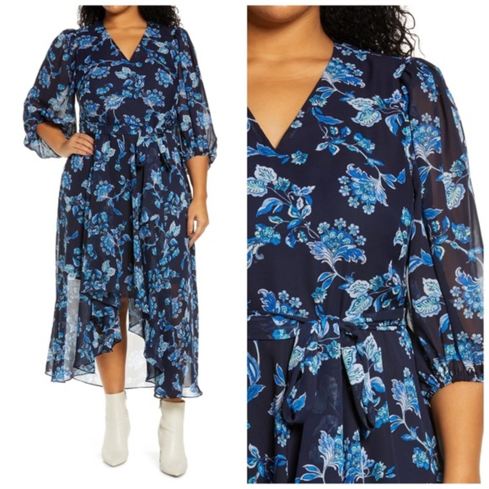 ELIZA J Floral Chiffon Dress Navy Hi-low Size 22W
